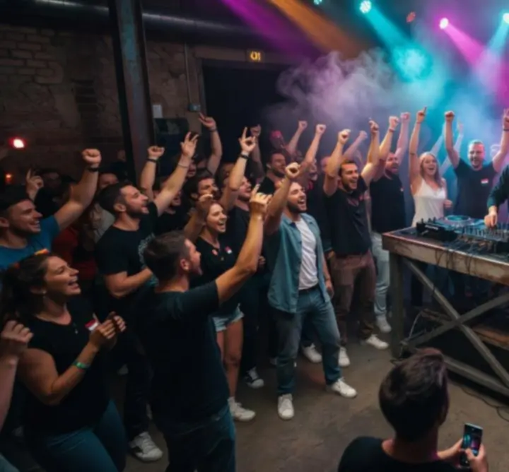 Teltházas DJ buli villogó fényekkel és táncoló közönséggel