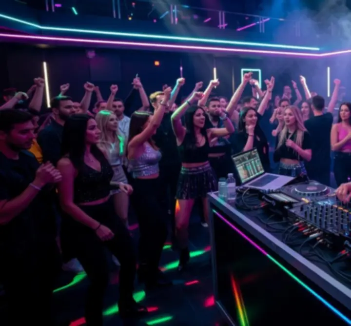DJ a pult mögött, éjszakai klubhangulat, fények és táncoló közönség