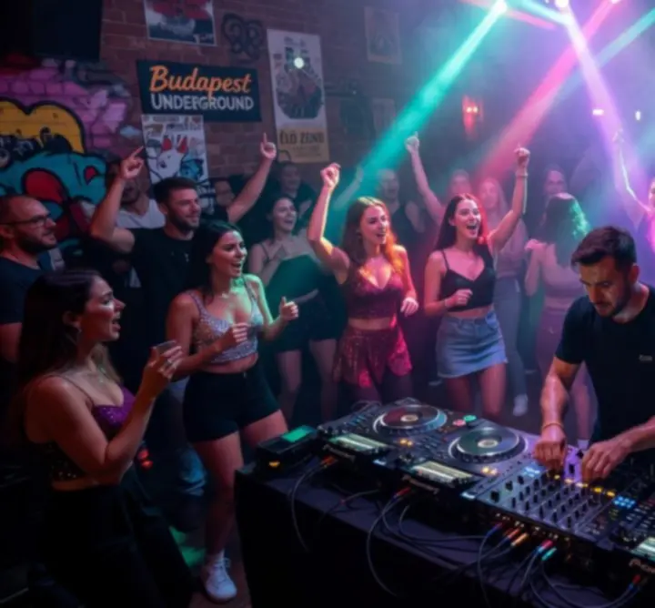 Táncoló tömeg színes fények között egy DJ-partin