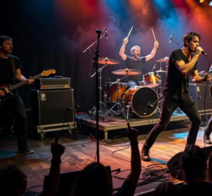 Koncert közönség emelt kezekkel és látványos fényekkel