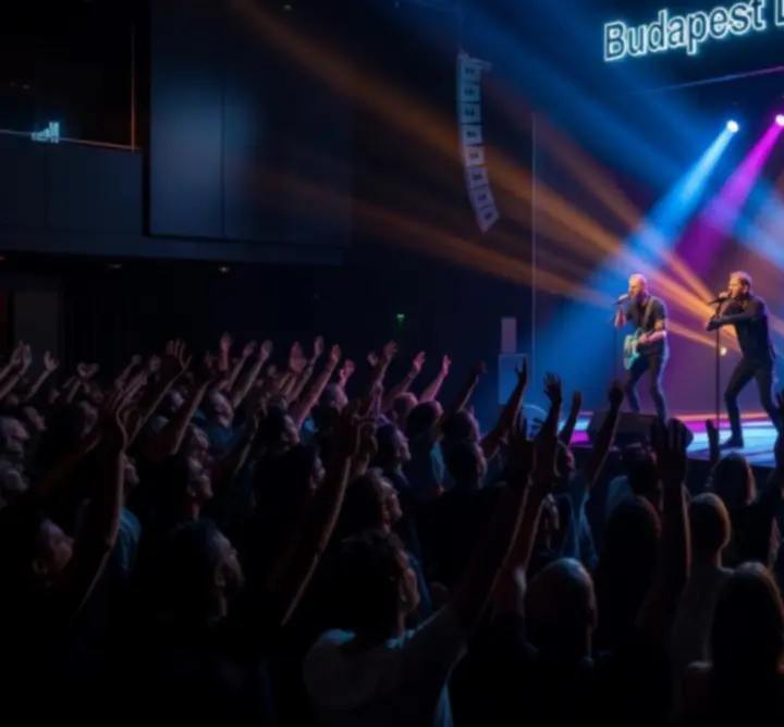 Koncert közönség fényekkel megvilágított budapesti klubban