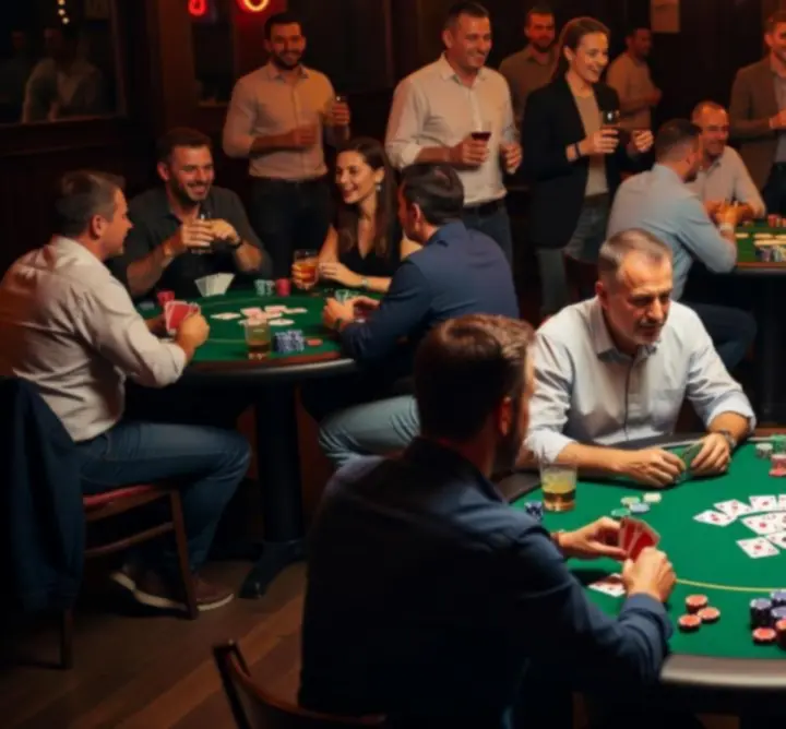 Elegáns offline pókerest vendégekkel, hangulatos fényekkel és tematikus dekorációval