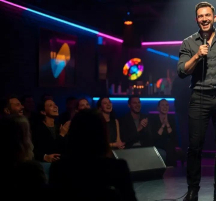 Stand-up humorista reflektor alatt mikrofonnal